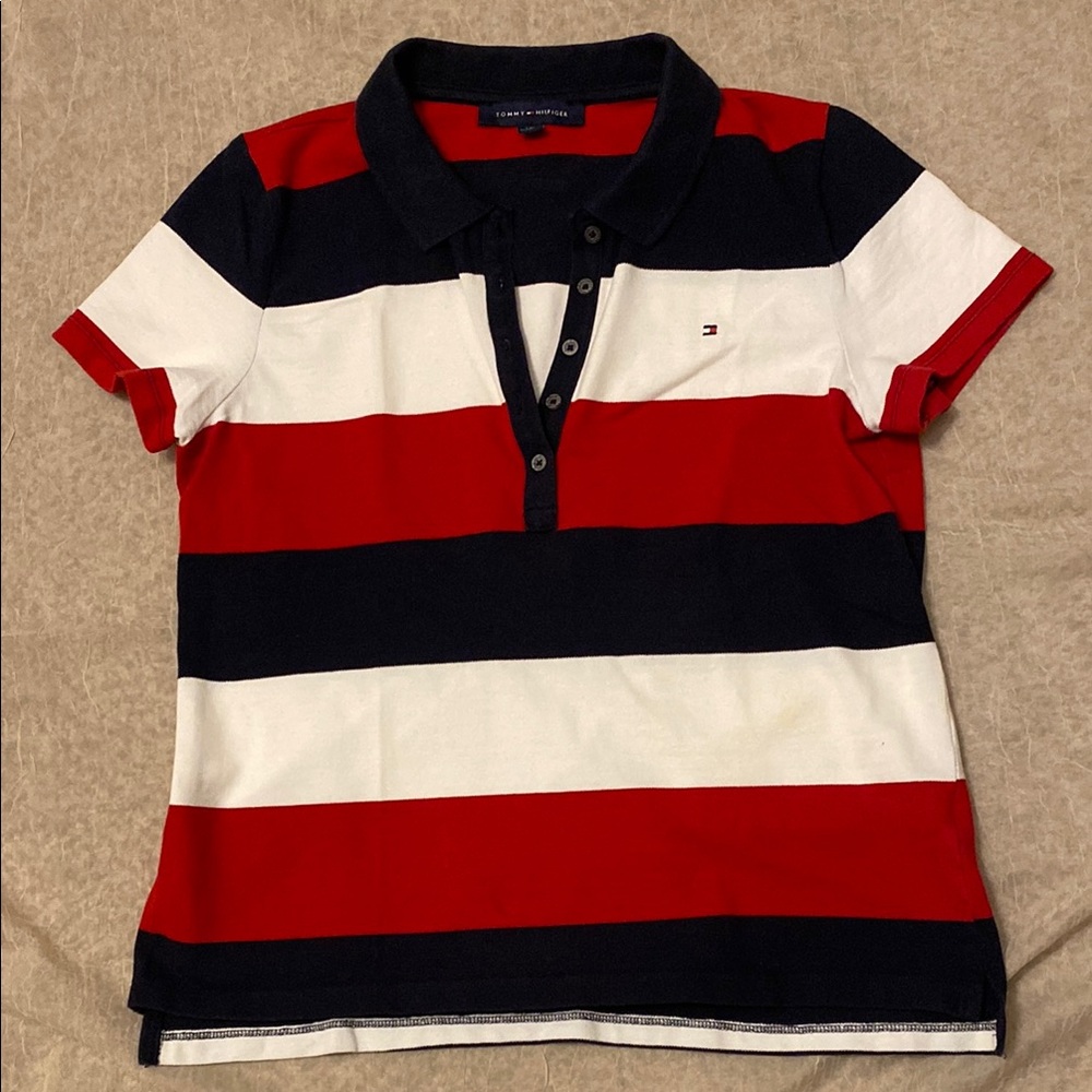 Tommy Hilfiger Ladies R/W/B Polo Shirt Nautical Stripes. Size Large